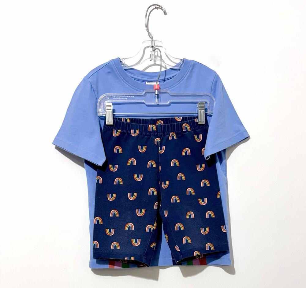 Hanna Andersson Girls T Shirt & Shorts Set 120 US 6-7 Cotton Blue Navy Rainbow